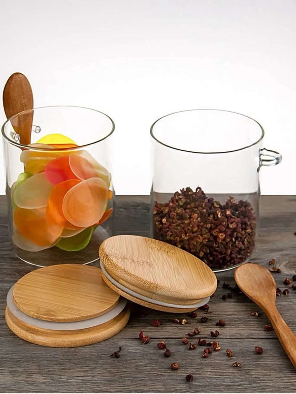 Clear Glass Storage Jars with Bamboo Lids and Spoons - Natural Set of 4